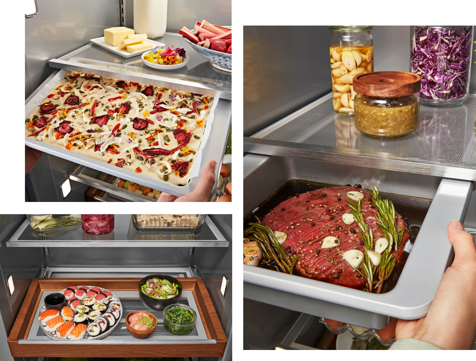 The Under-Shelf Prep Tray and Sliding Storage Tray showing prepared foods and meals.